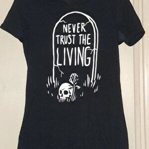 Black Craft Cult “Never Trust The Living” Tee – Horror Graveyard Graphic T-Shirt